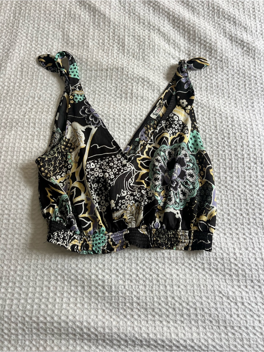 Free People Floral V-Neck Crop Camisole in Black, Mint & Gold
